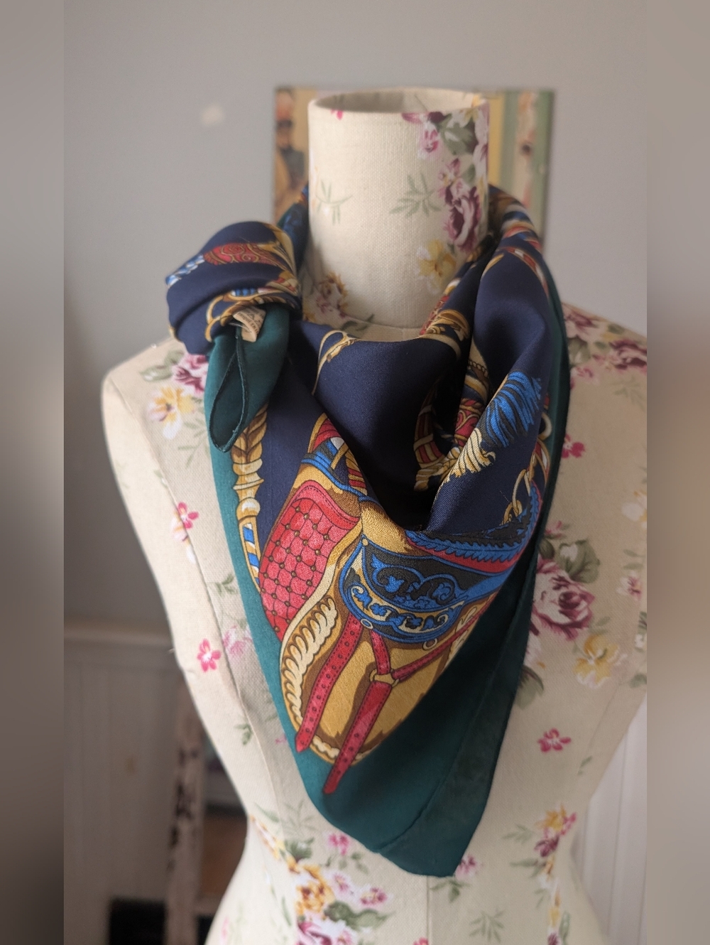 OLGA Greco Printed Scarf in Navy, Emerald & Gold - Picture 2 of 10